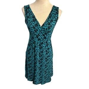 Garnet Hill Dress Floral Faux Wrap Teal Black Sleeveless Pocket V Neck Sz XS